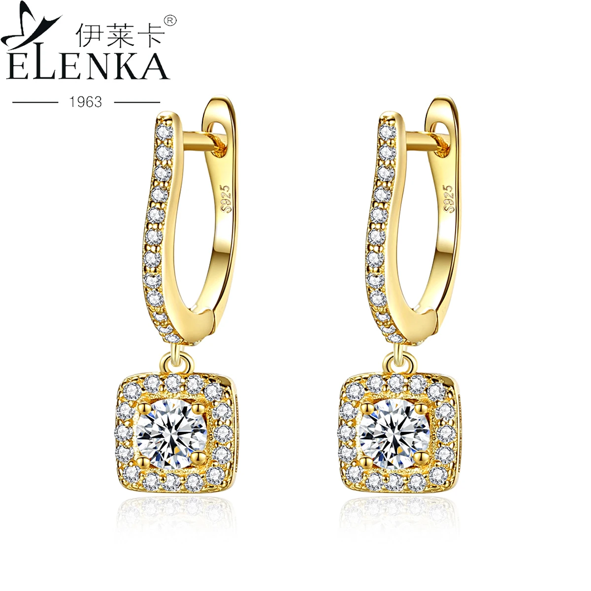 

Luxury 925 Sterling Silver Earrings for Women Girls Zircon Ear Buckle U-shaped 18K Gold Fashion Square Full Diamond Clip Earring