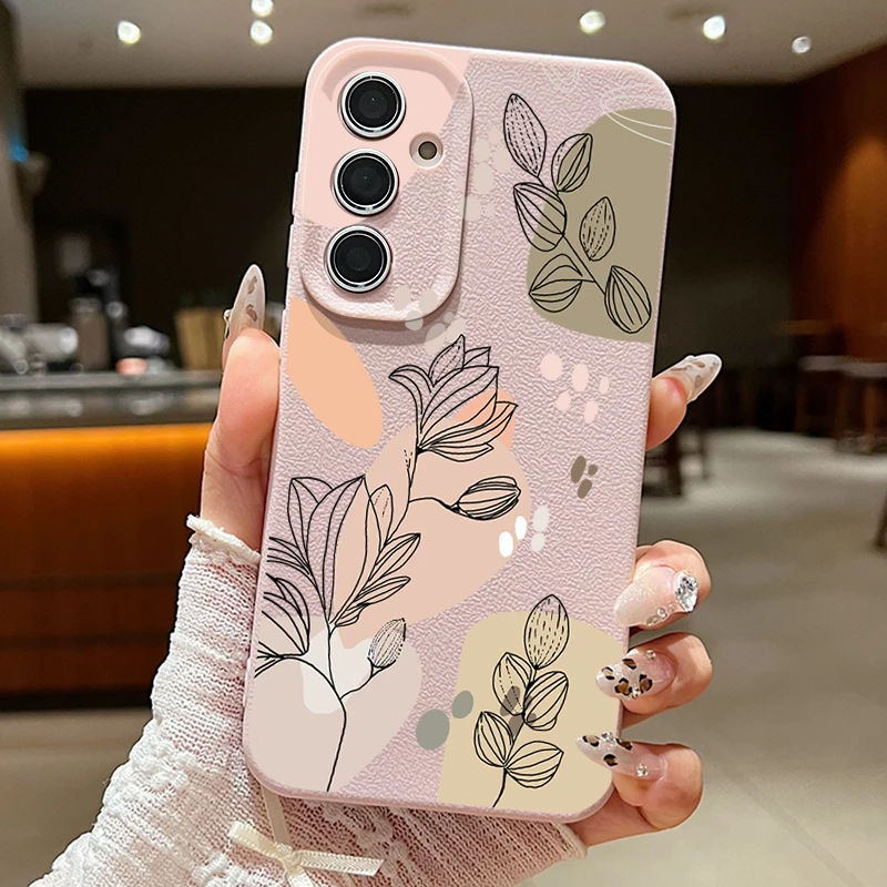 Чехол Line Flower для Samsung Galaxy S24 S23 Ultra S22 S21 S20 FE A14 A15 A16 A25 A34 A35 A52 A53 A54 A55 5G Capa Leather Texture