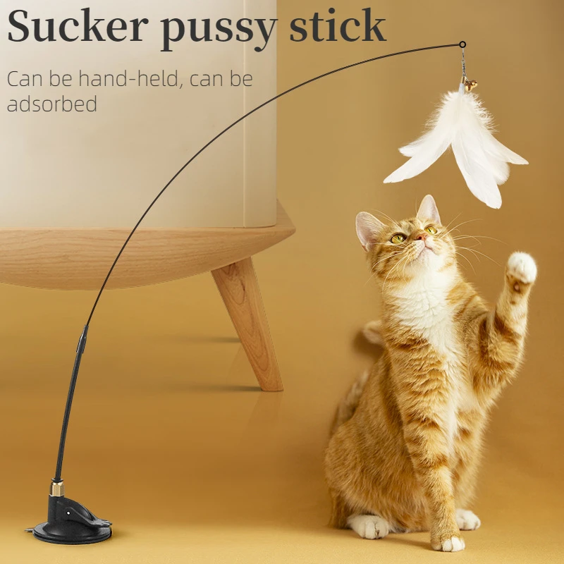 

Cat Toy Feather interactive with Bell Funny Cat Stick Toy For Kitten Playing Teaser Wand Ground Adsorption Cat Toy Supplies