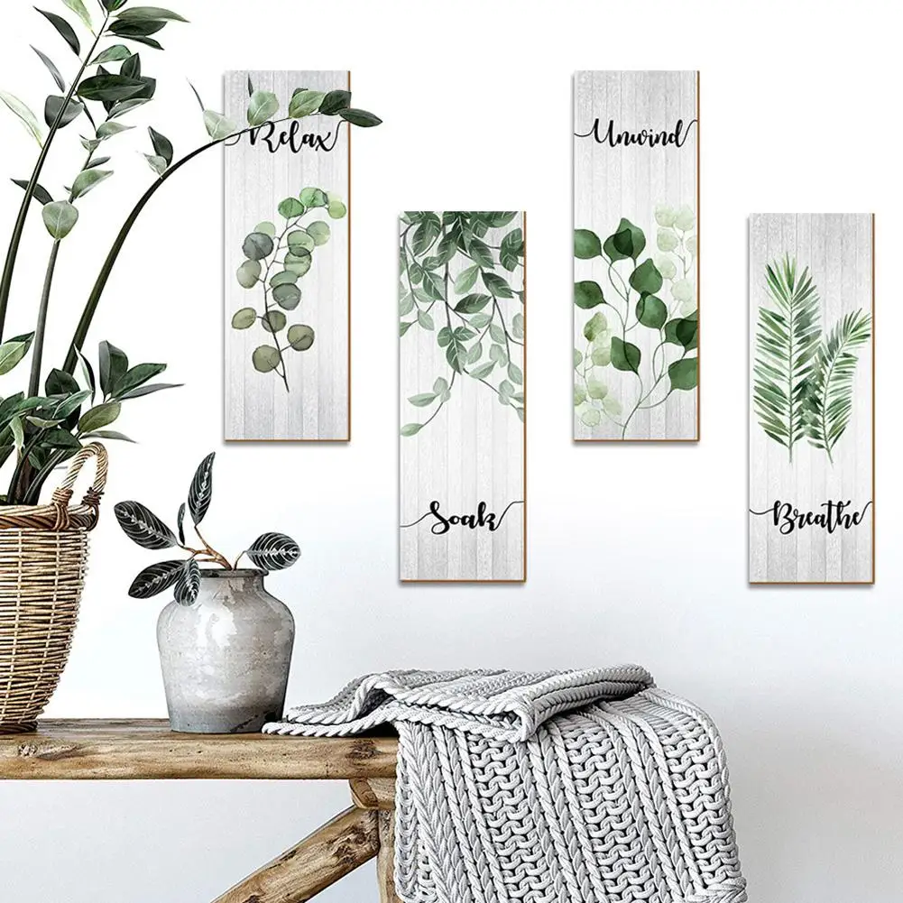 

4pcs Wooden Sign Minimalist Botanical Floral Country Farmhouse Bathroom Wall Arts Wall Decor Exquisite Gift