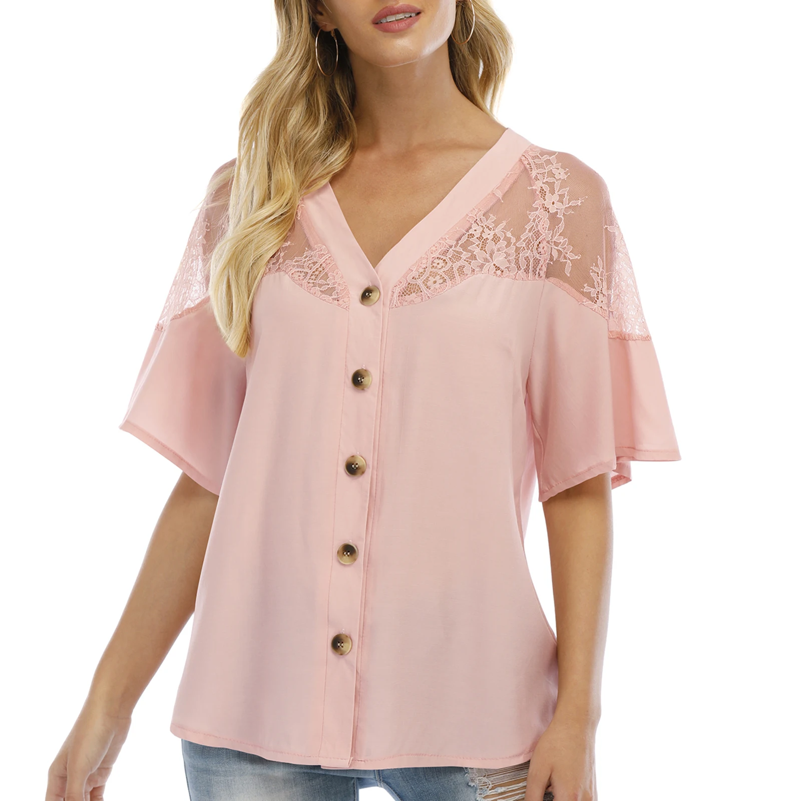

WYBLZ Summer Shirts For Women Casual Short Sleeve Hollow Out Lace Patchwork Chiffon Blouses Office Lday Elegant Button Up Shirts