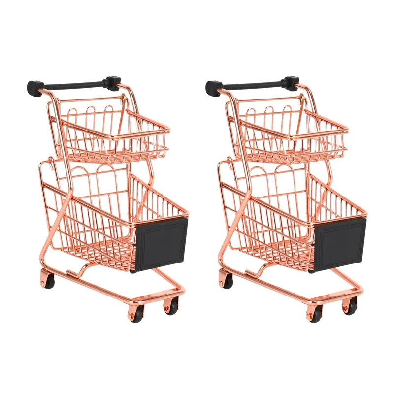 

2X Mini Double Layers Shopping Cart Model Wrought Iron Supermarket Trolley Metal Rose Gold Storage Basket Rose Gold