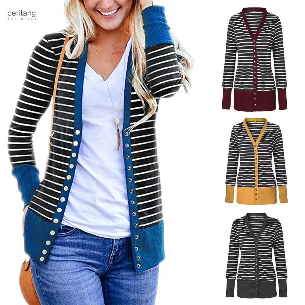 

Women's Long Sleeve Ribbed Neckline Open Front Stripe Snap Button Down Knit Cardigans Sweater Coats