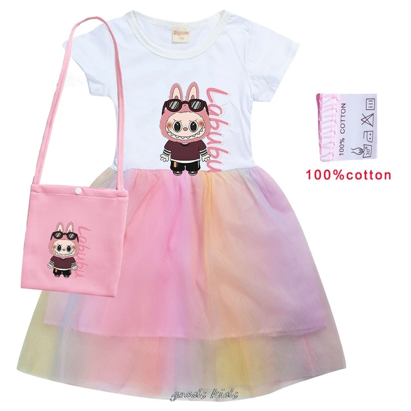 Фото Newest Labubu Costume Kids Summer Short Sleeve Pretty Dress And Bag Baby Girls Dresses Children Vistidos Toddler Best Gift 1~7Y №5