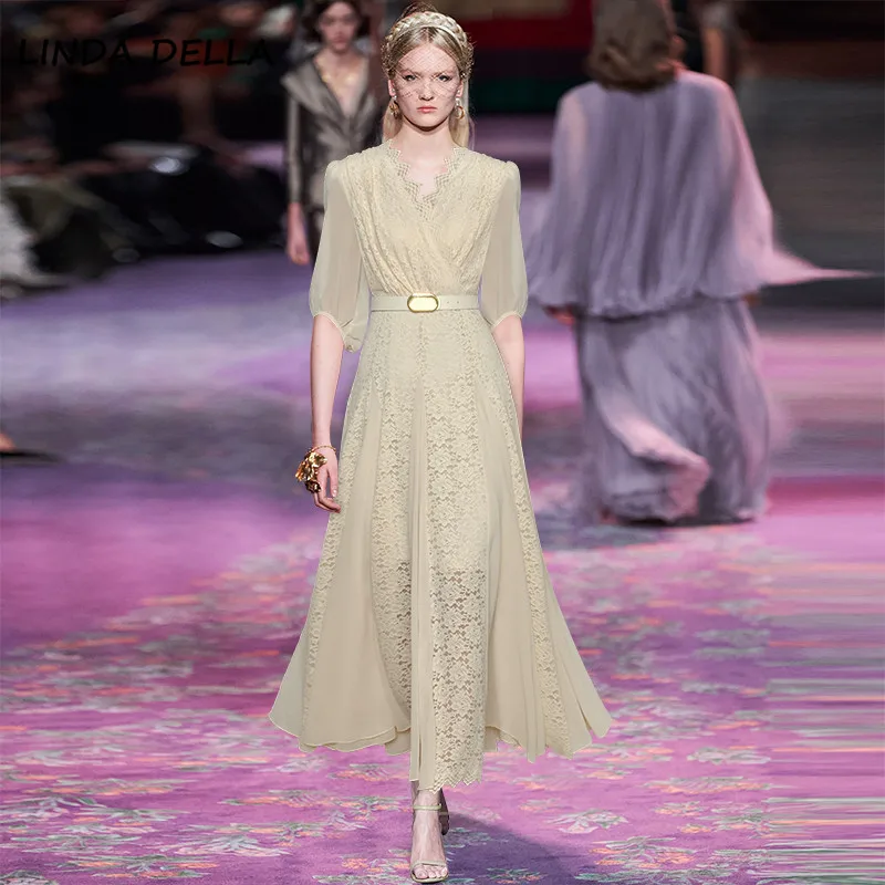 

Женское платье с рукавами-фонариками LINDA DELLA, подиумное винтажное однотонное длинное платье с кружевом, облегающее платье принцессы с высокой талией, лето