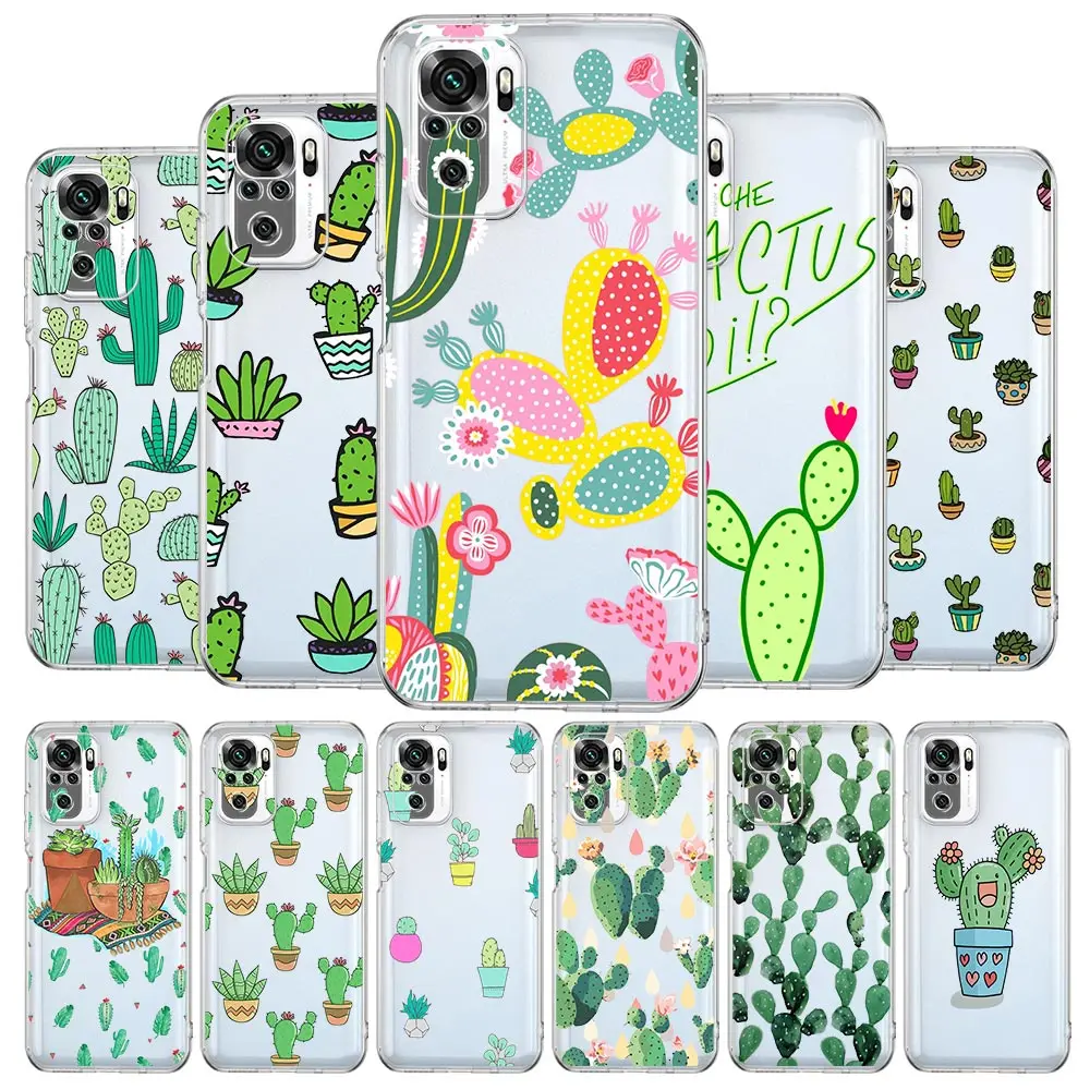 

Cute Cactus Phone Case For Xiaomi Redmi Note 10 11 9 8 Pro 10S 9S 7 8T 9T 9A 8A 9C K40 11T 5G Soft TPU Silicone Clear Cover