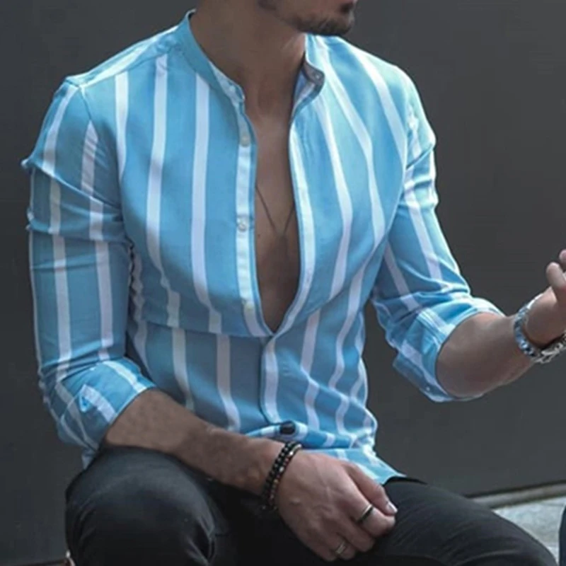 

Shirts For Men Striped Print Daily Long Sleeve Spring Shirts Single-breasted Stand Collar Blouses Male Clothing Shirt