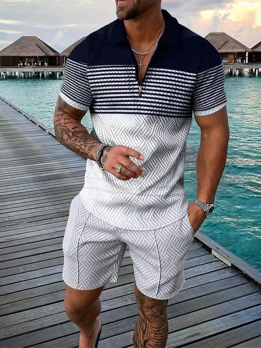 2023 New Summer Men's Shorts Set Short Sleeve Zip Polo Shirt Street T-shirt Two Piece Casual Sportswear