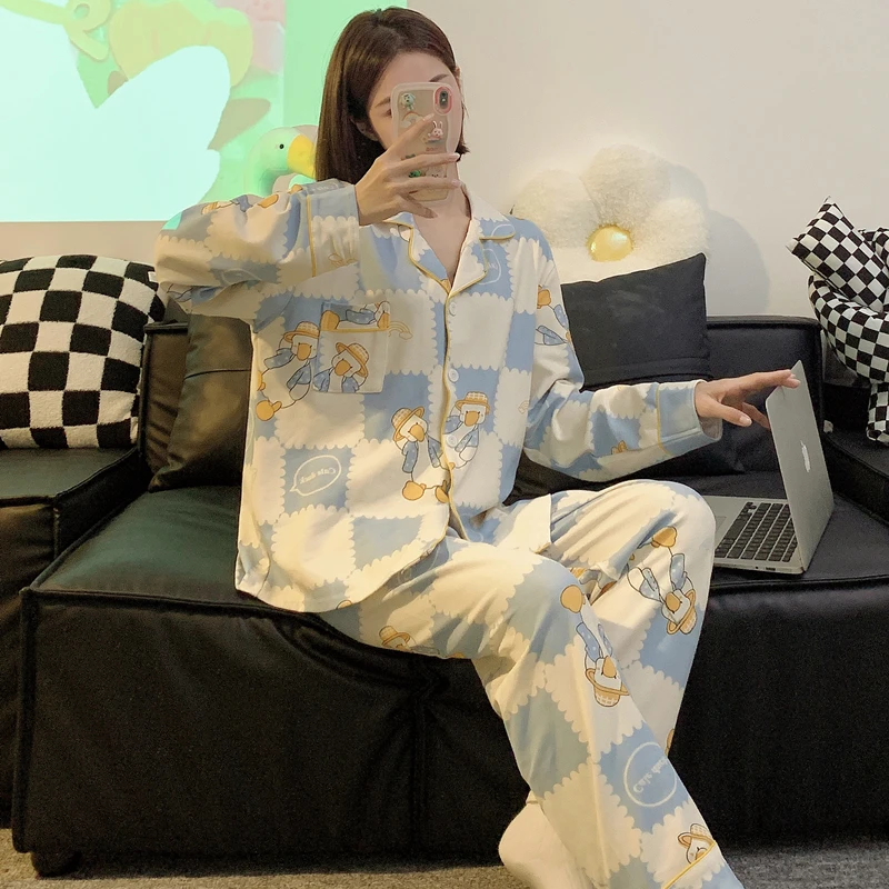 Cotton Pajamas Women Summer Long-sleeved Trousers Two-piece Suit Women's Satin Loose Printed Home Wear Casual Fashion Pajamas