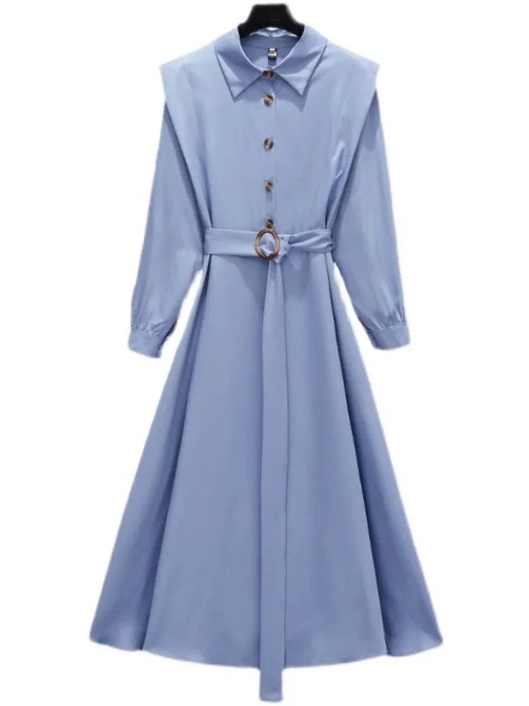 

Женское офисное элегантное платье-трапеция с длинным рукавом и высокой талией, однотонное платье-поло с воротником, женские синие платья 4XL