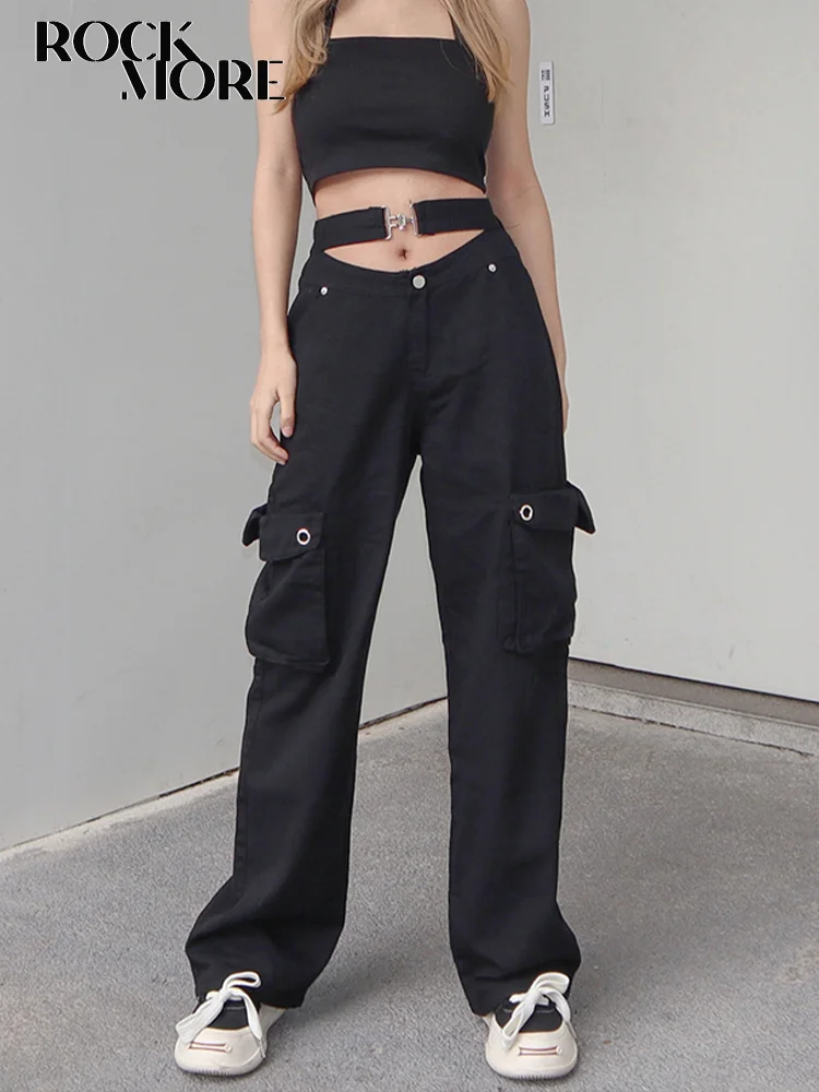 

Rockmore Women'S Jeans Hollow Out Waist Pocket Straight Pants Solid y2k Streetwear Fashion Casual Denim Trousers Harajuku Korean