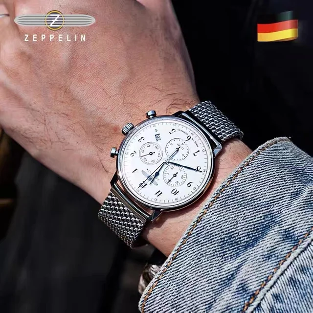 Zeppelin German men's and women's watches Waterproof leather belt Business casual quartz men's three eye multi-function watch 5