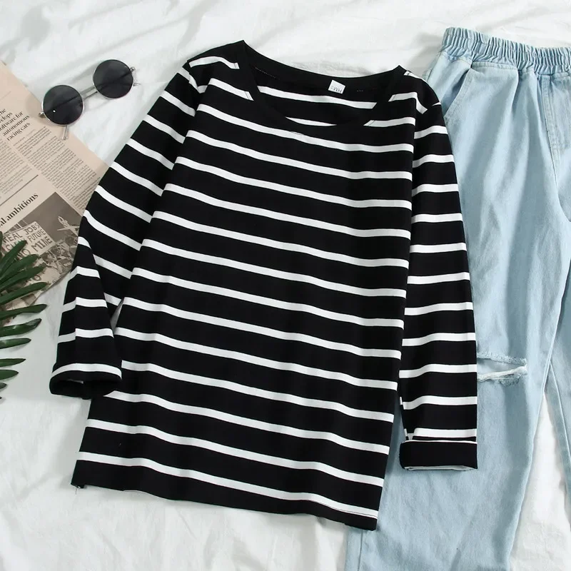 Полосатые футболки с длинным рукавом женские модные универсальные базовые топы