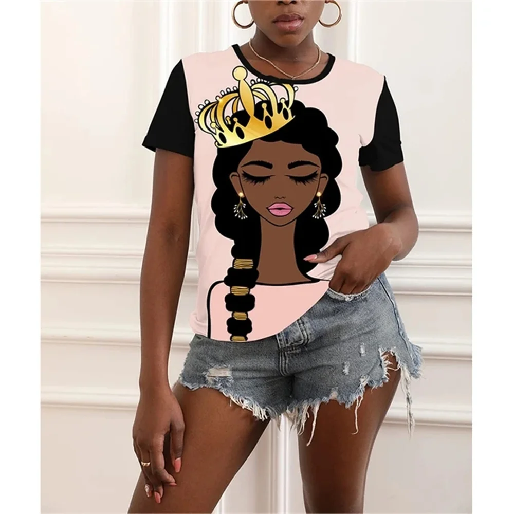 

Модная черная футболка в африканском стиле для девочек с 3D принтом, летние женские футболки, уличная одежда в стиле Харадзюку, футболки с коротким рукавом и круглым вырезом, Топ оверсайз Y2k