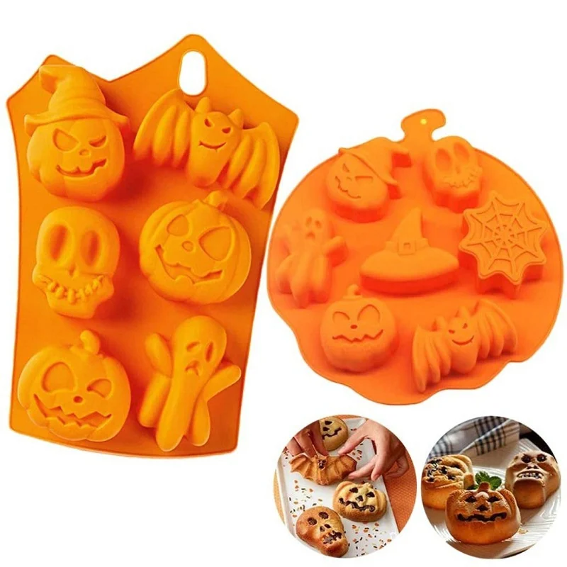 Halloween Witch Cake Mold DIY Silicone 6 Holes Ghost Pumpkin Mold Baking Mold Skull Pumpkin Pie Mold Festival Bake Moulds 2PCS