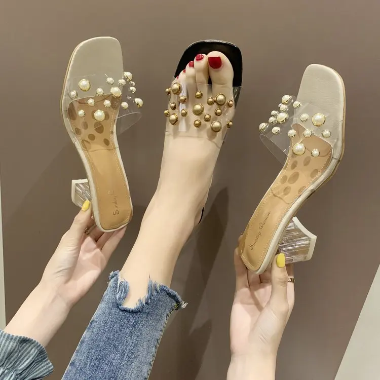 

Шлепанцы женские на высоком каблуке, повседневные туфли-лодочки, квадратный каблук, роскошные мягкие, с заклепками, из искусственной кожи, р...