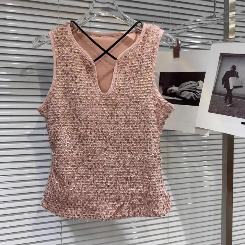 Женский облегающий Топ без рукавов розовая блестящая майка с V-образным вырезом