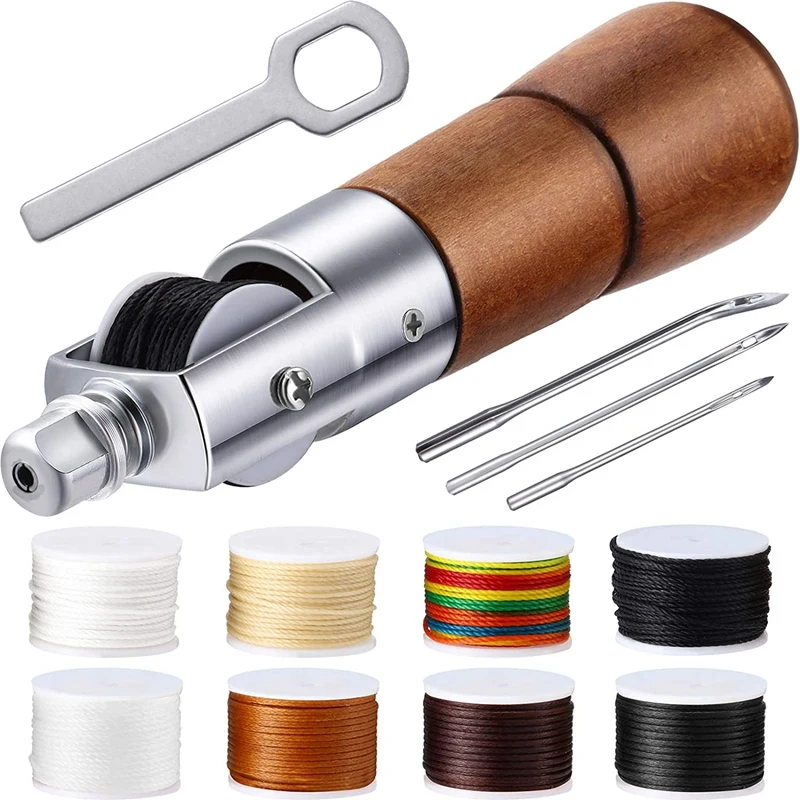 

12 Pcs Leather Sewing Awl Kit Hand Stitcher Set, Hand Awl Tool, 3 Sizes Needles and 8 Colors Spools of Thread