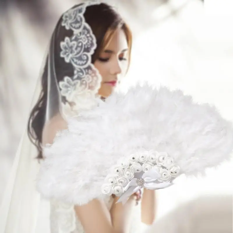 

Wedding Feather Fan Portable Graceful Bride Handheld Feather Fans Folding Court Dance Hand Fan For Church Wedding Gifts Party