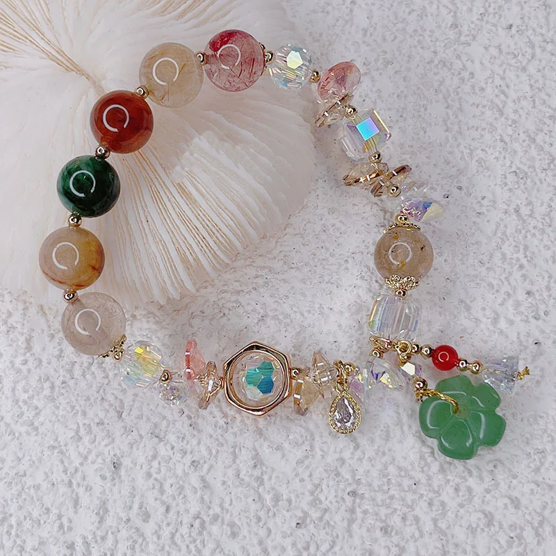 

Retro Women Dance Jewelry Natural Green Jade Flower Bracelet Multicolor Rutilated Crystal Beaded Bracelet Dance Accessories 1pc