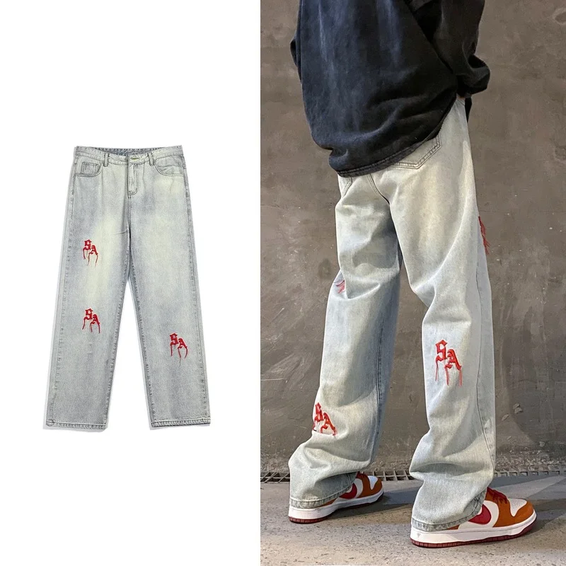 New Light Blue Embroidery Men Jeans Straight Fashion Casual Loose Trousers High Street Hip Hop Male Denim Pants