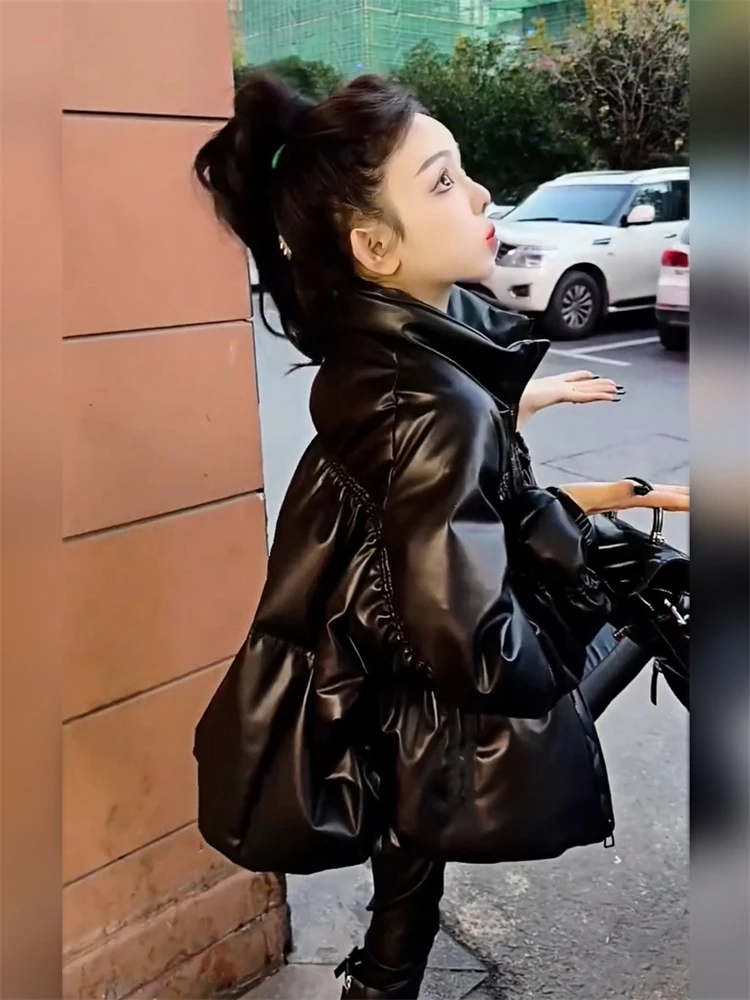 Высококачественное пальто из искусственной кожи кофейного цвета с хлопковой