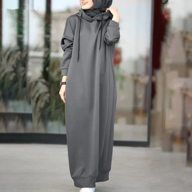 Muslim Long Sleeve Hoodie Solid Color Casual Loose Pocket Maxi Dress Female Fashion Long Sweatshirt Vestidos Robe