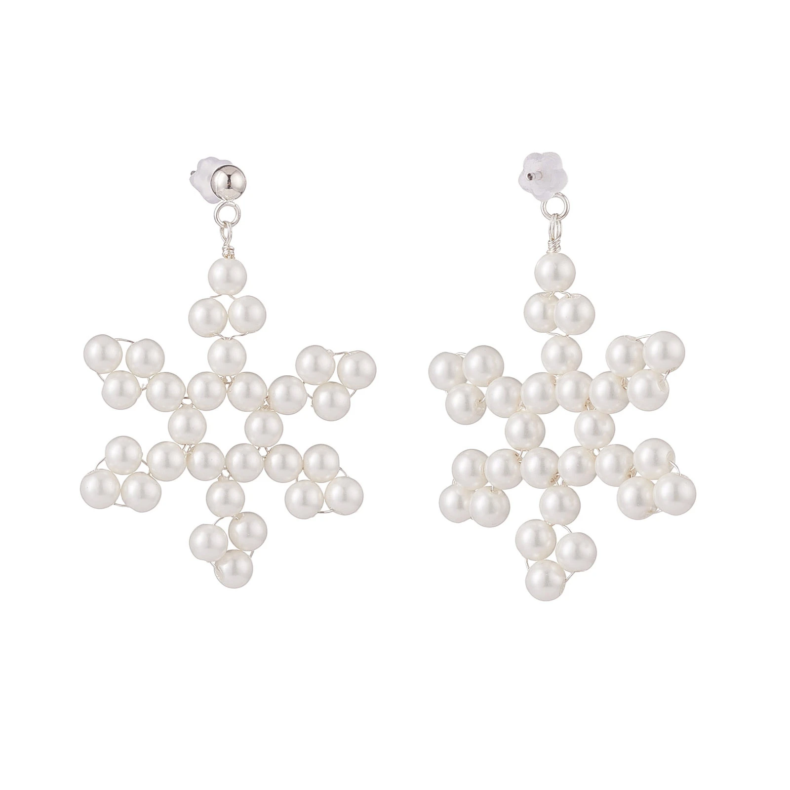 Kissitty 10Pairs White Shell Pearl Braided Snowflake Dangle Stud Earring Stainless Steel Christmas Jewelry for Women Gift