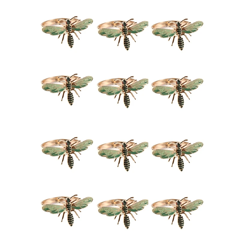 

12Pcs The Napkin Buckle Napkin Ring Alloy Green Insect Dragonfly Drip Diamond Buckle Paper Towels A