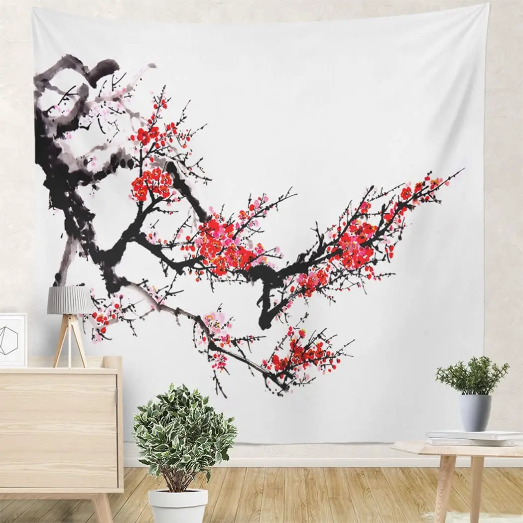 

Red Pink Plum Blossom Tapestry Impression Spring Tapestry Nature Parks Outdoor Tapestry Wall Hanging for Home Living Room Dorm
