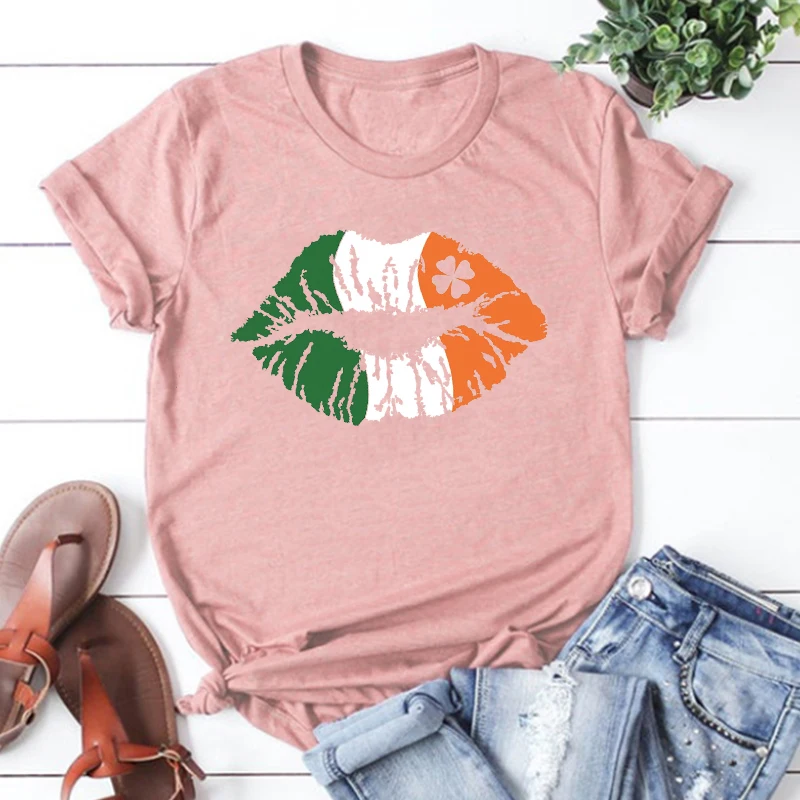 

Saint Patrick's Day Irish Tshirt St. Patricks Day Shirt Lucky Clothes Shamrock Lucky Lips Four Leaf Clover Shamrock Tees L