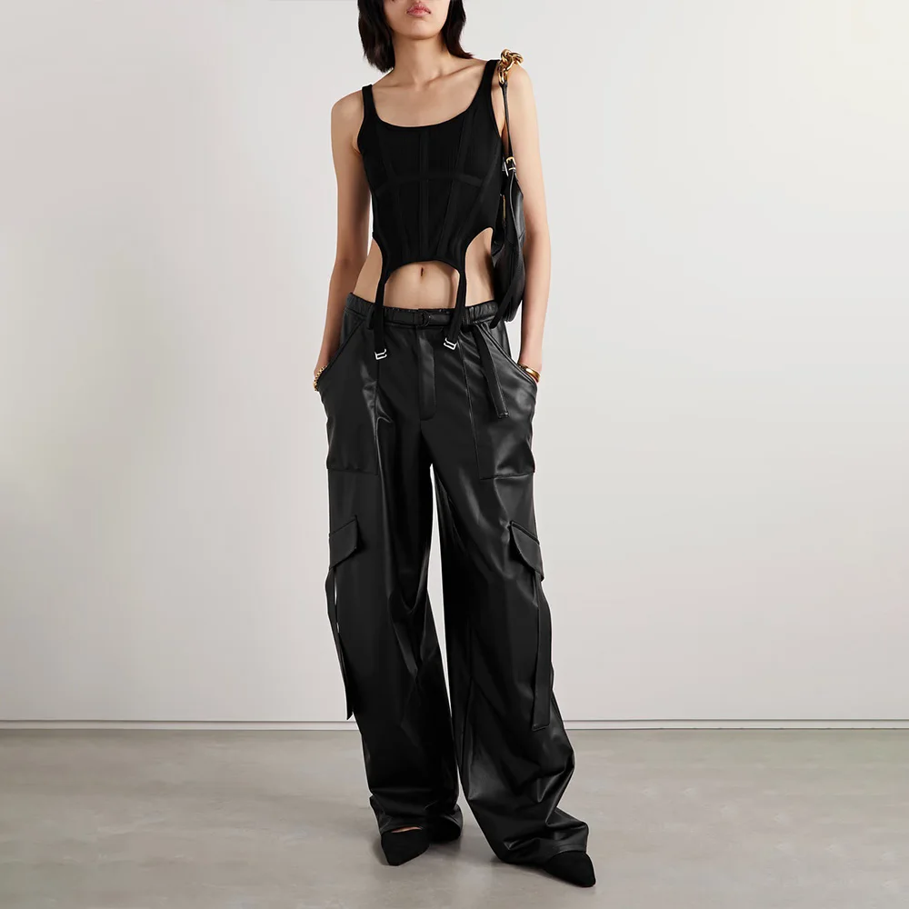 

2023 early autumn new niche fashion design faux leather wide-leg pockets work trousers black straight trousers female
