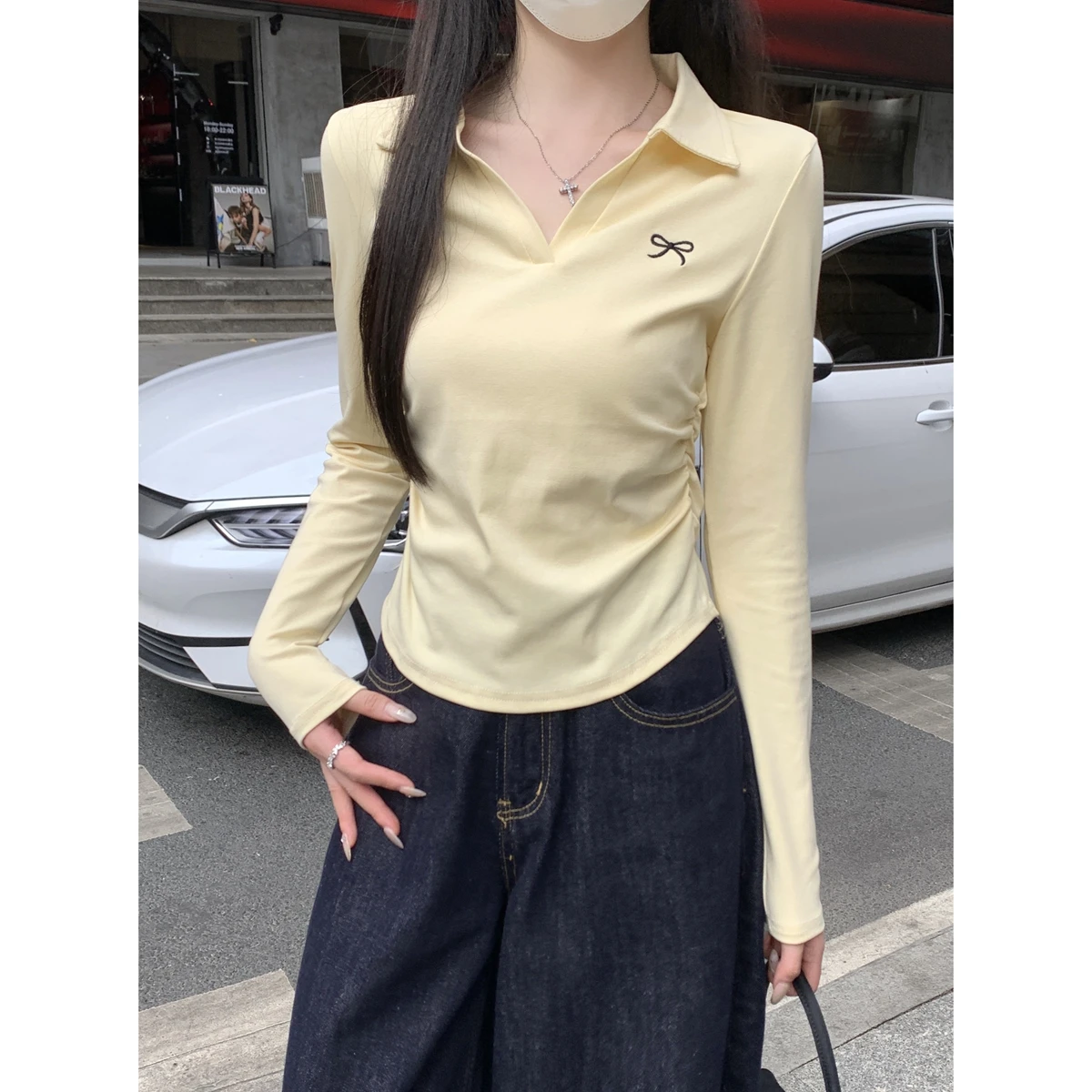 Корейская хлопковая рубашка с воротником-поло и вышивкой длинными рукавами