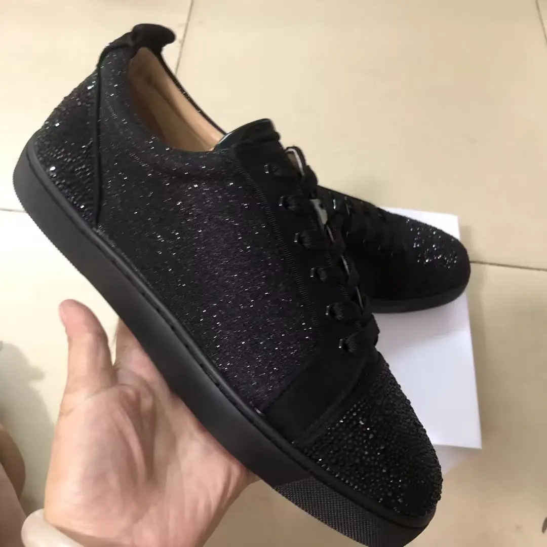 

Brand Real Black Bling Leather Red Outsole Men's Women's Shoes Flats Casual Sneakers Designer Unisex
