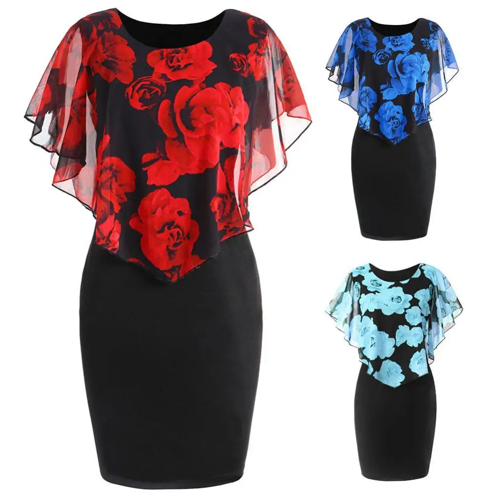 

Plus Size Elegant Office Lady Rose Flower Print Cape Bodycon Knee Length Dress