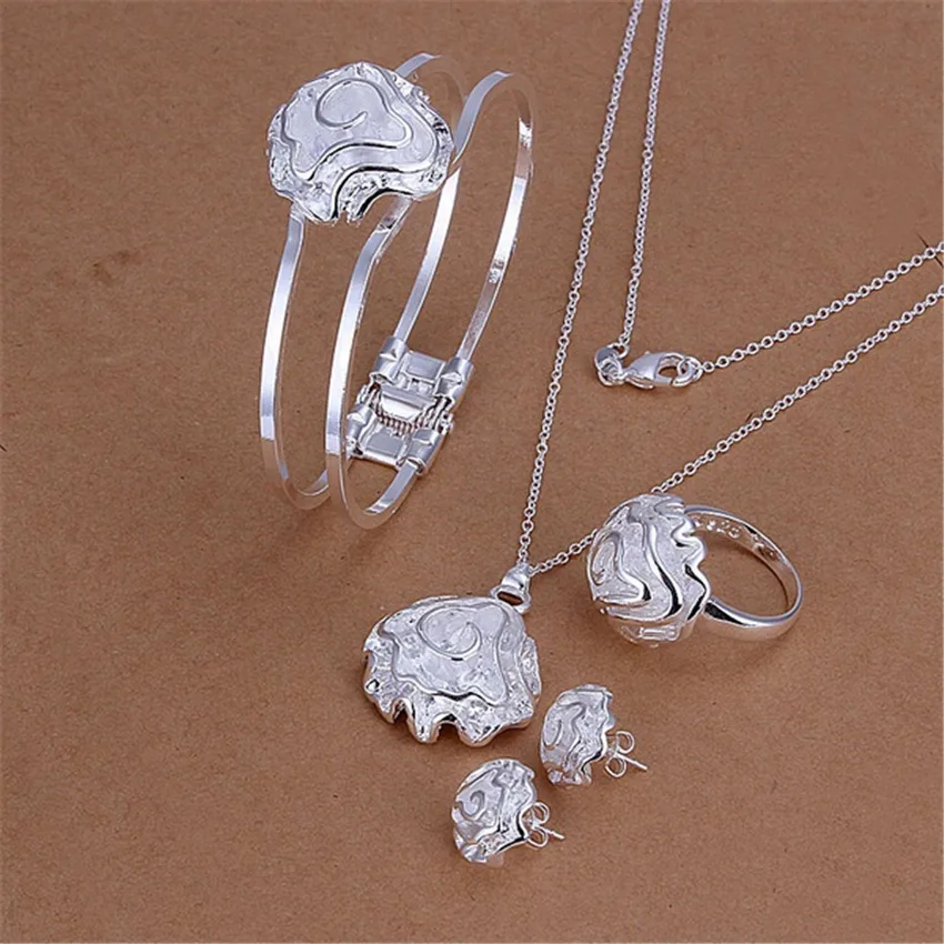 

Fashion 925 sterling Silver Jewelry set rings Bracelets necklaces earrings stud for women rose flower pendant bangle Party gifts