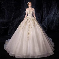 retro shiny wedding dresses off the shoulder boat neck backless lace up floor length lace beaded applique elegant bridal gowns
