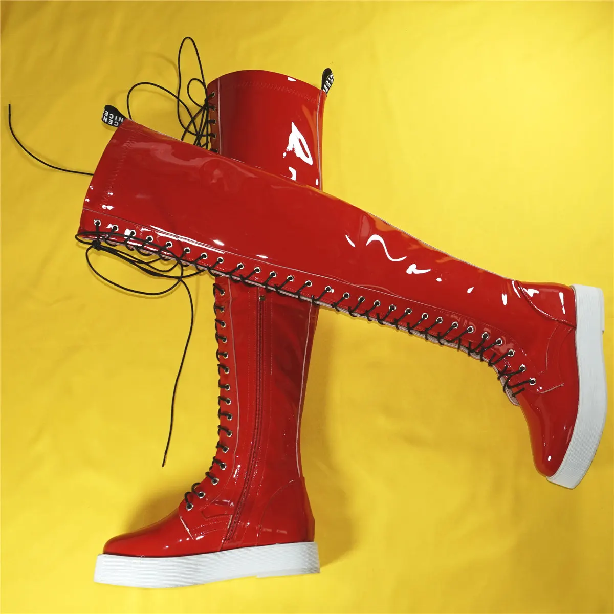Thigh High Fashion Sneakers Women Lace Up Patent Leather Over The Knee Boots Female Round Toe Chunky Platform Pumps Casual Shoes