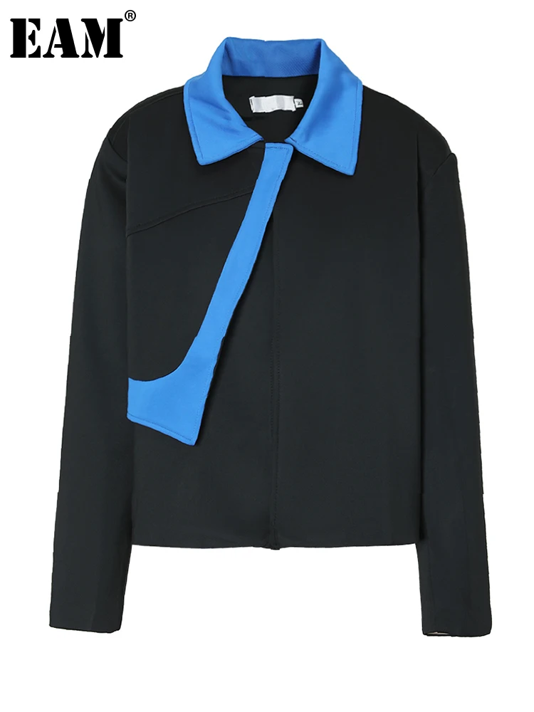 

[EAM] Loose Fit Black Color-block Big Size Jacket New Lapel Long Sleeve Women Coat Fashion Tide Spring Autumn 2023 1DF3288