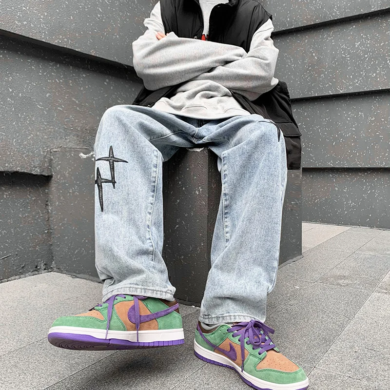 2022 Embroidered Jeans Men Straight Loose Wide-leg Pants  Korean Fashion High Street Hip Hop Style Men Casual Trousers