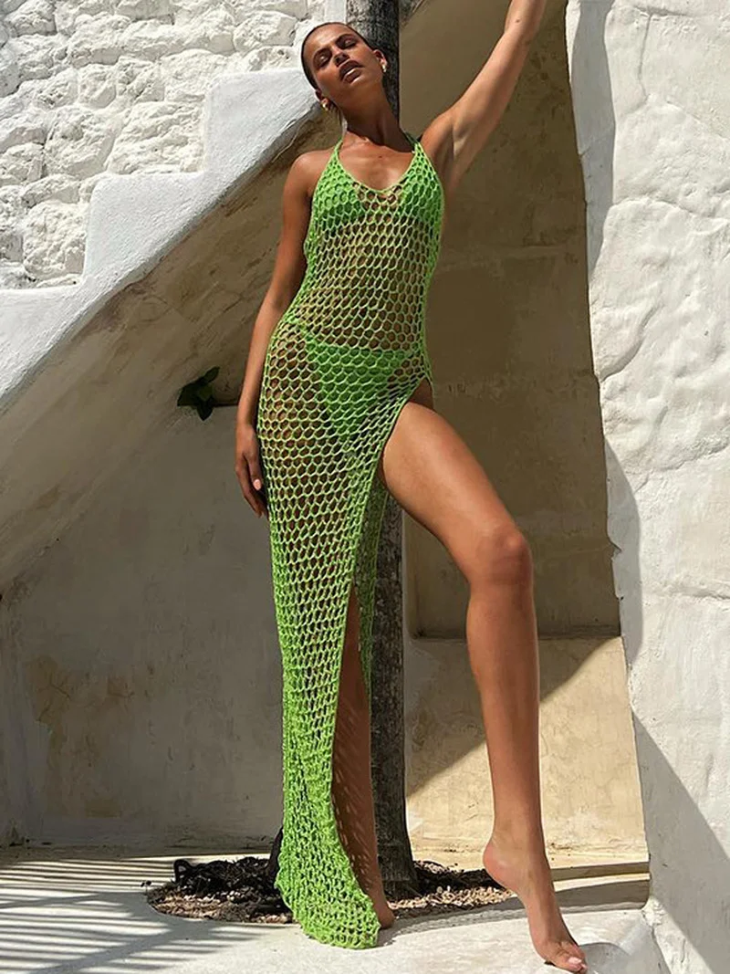 

2022 Summer Sexy High Split Hollow Out Knitted Fishnet Beach Dress Women's Halter Neck Backless Long Maxi Sundress Black White
