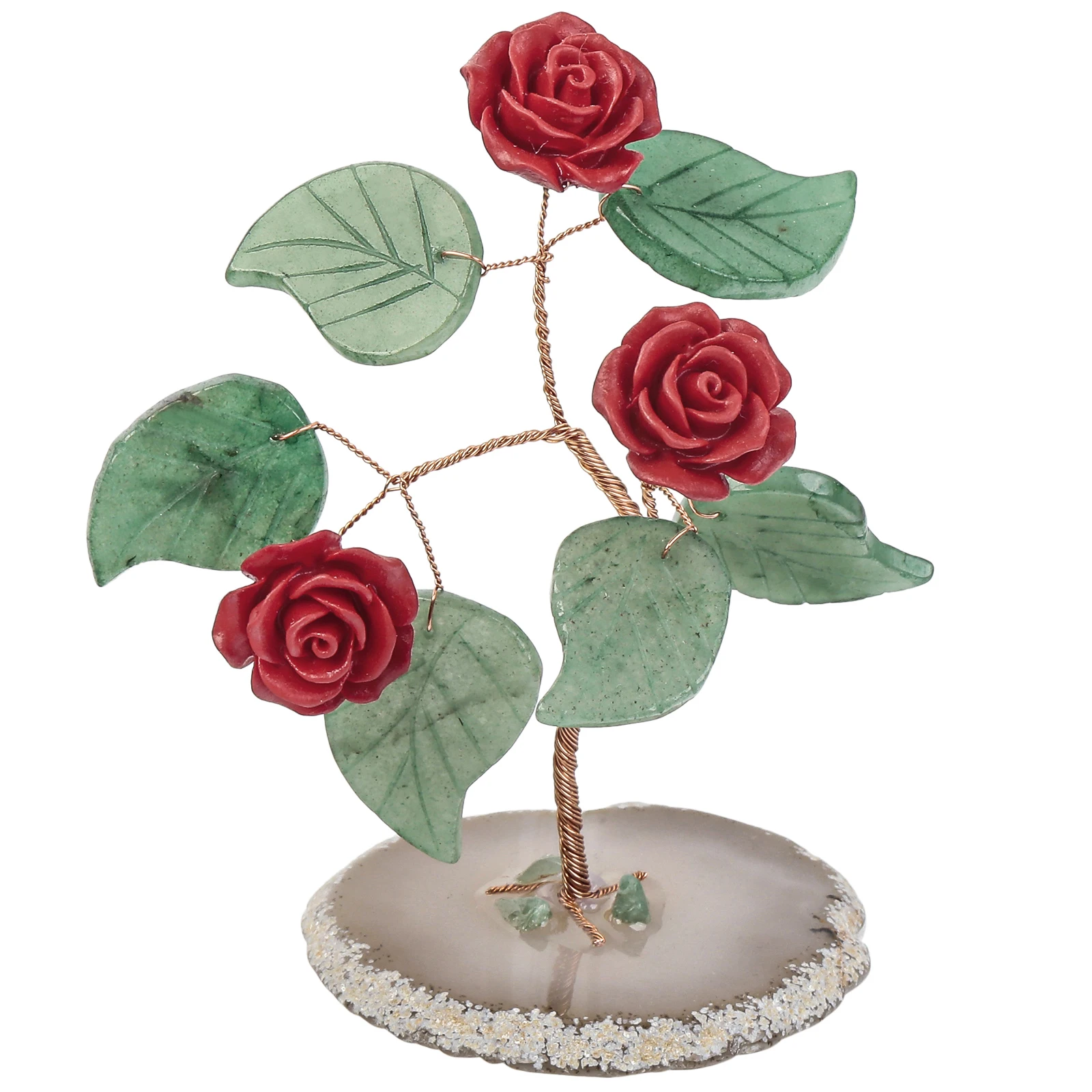 Red Rose Crystal Tree With Green Aventurine Leaves Natural Agate Slice Base For Nordic Home Decoration Ornaments