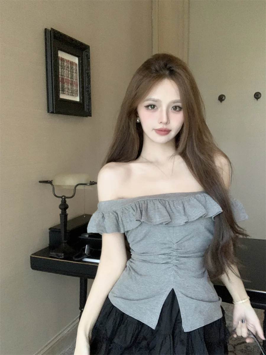 Плюс размер Pure Desire Frill Темпераментный облегающий топ с открытыми плечами на талии