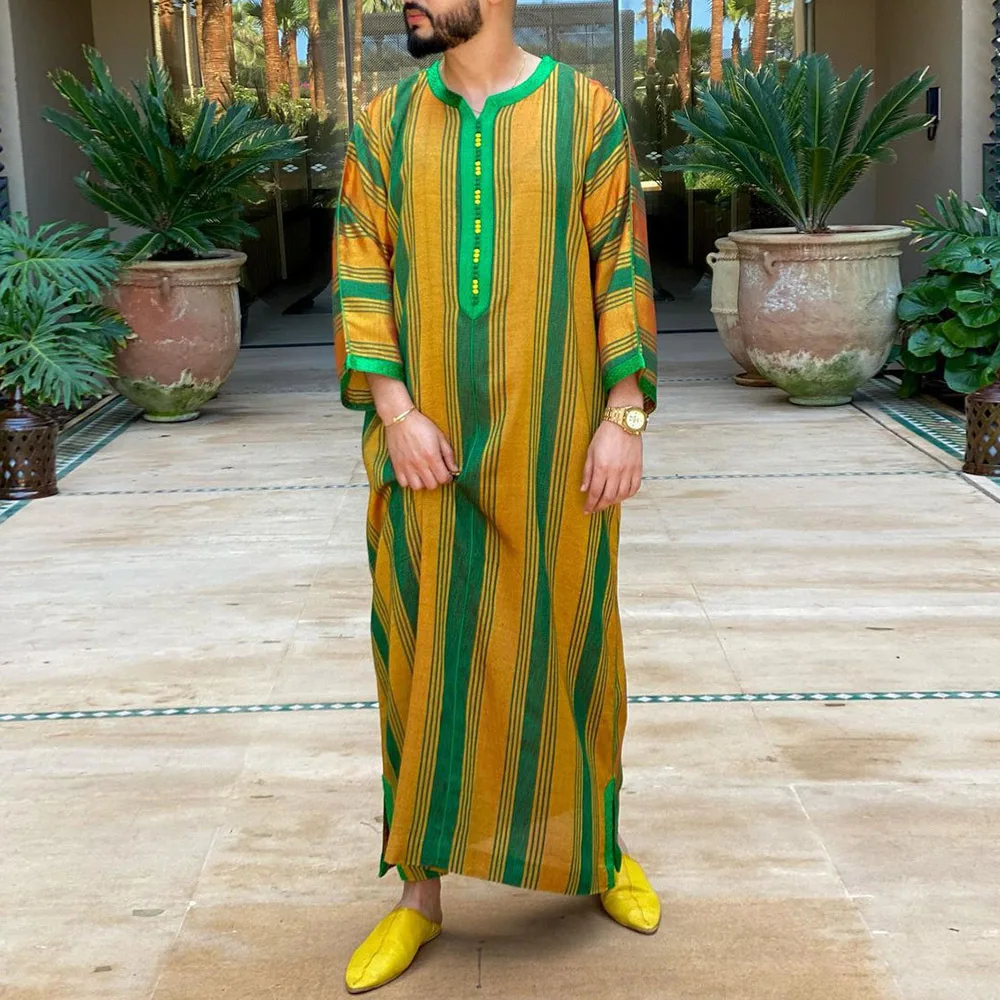 Islamic Arabic Clothing Men Djellaba Dubai Abaya Muslim Kaftan Middle East Caftan Casual Striped Robe Jubba Thobe  2022