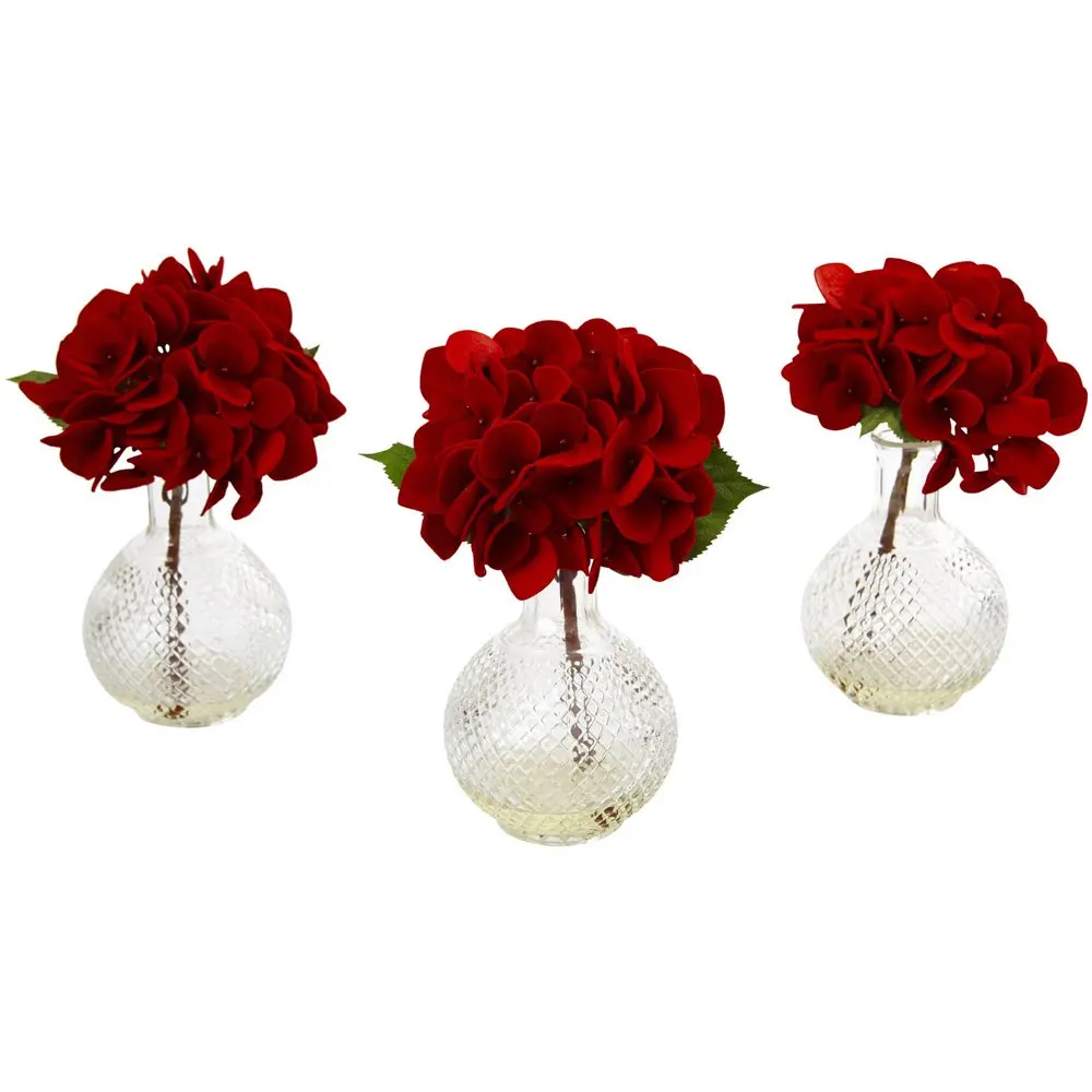 

Red Hydrangea with Glass Vase, Set of 3