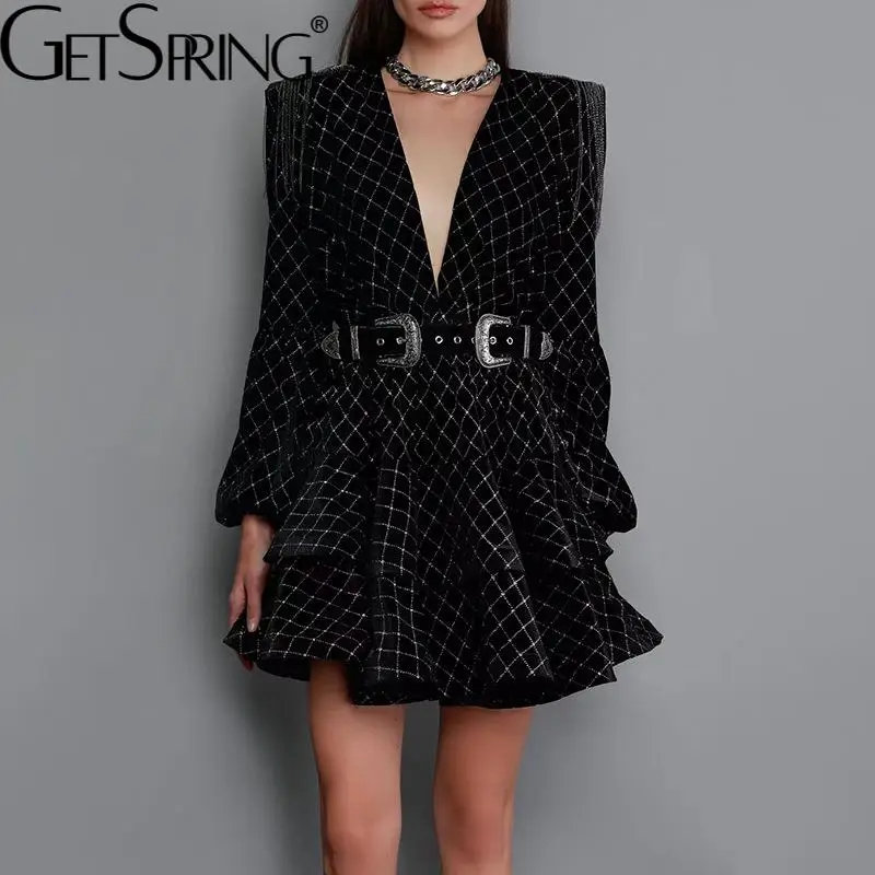

Getspring Women Dress Vintage Plaid V Neck Lantern Sleeve Belt High Waist A-Line Mini Dress 2022 Spring Summer New Arrival