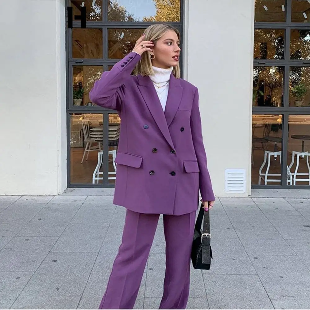 Loose Vintage Purple Women Pants Suits Peaked Lapel Wide Legs Trousers 2 Pieces Double Breasted Casual Fashion Young Blazer+Pant