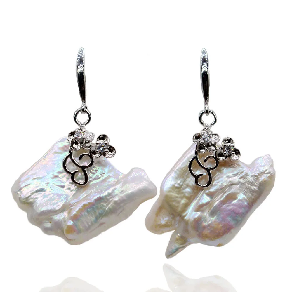 

Exaggerated Drop Earrings White Natural Pearl Irregular Square Sterling Silver Earrings For Women Baroque Flat Pearl Earrings