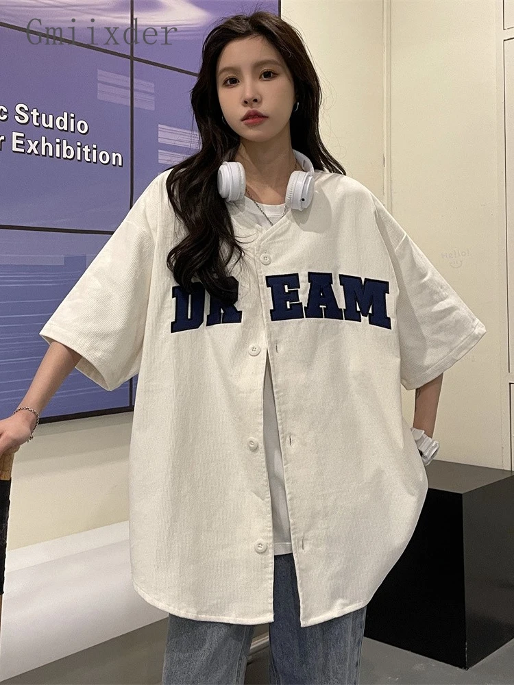 

Button-up Baseball Shirt Women's O-neck Short-sleeved Blouse Summer Hip Hop Letter Top American Vintage Skateboard Shirt Jacket