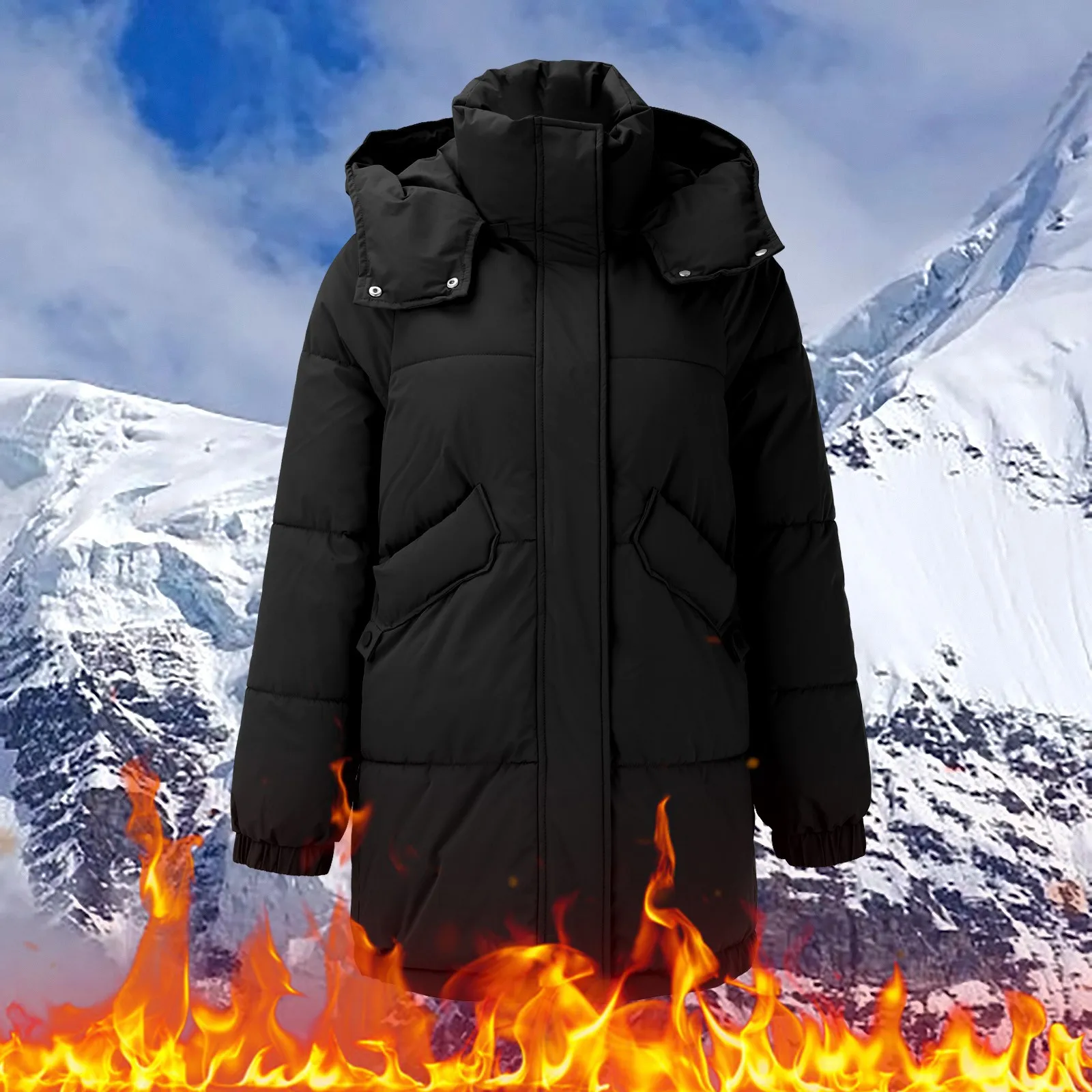 

Женская зимняя пуховая куртка средней длины с капюшоном и карманами